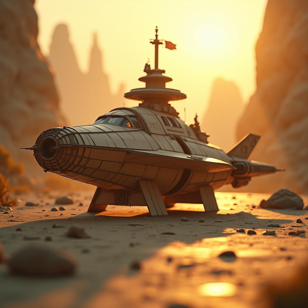 Cardboard Spaceship in Serene Golden Light