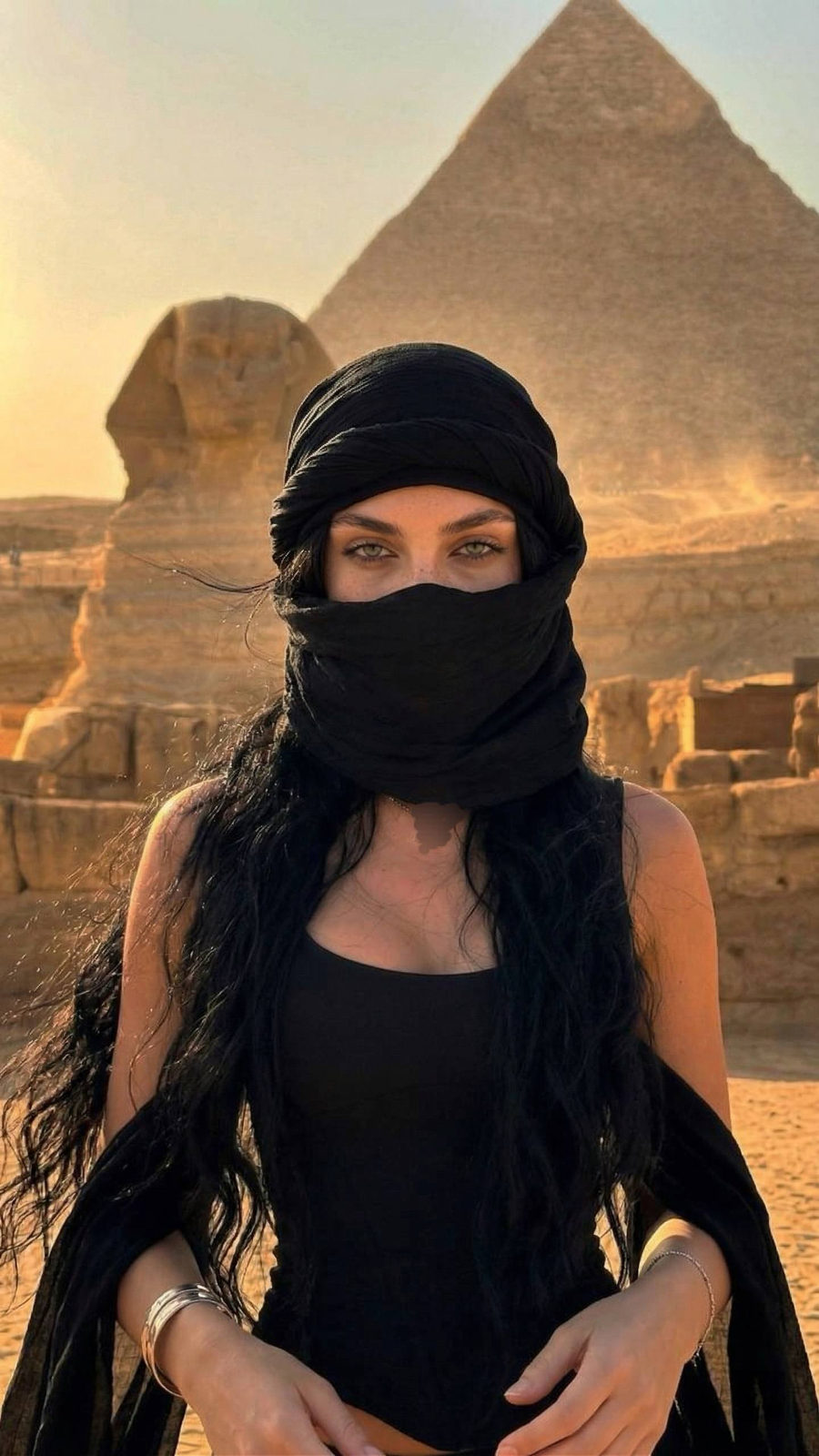Mysterious Girl Before Egyptian Pyramids