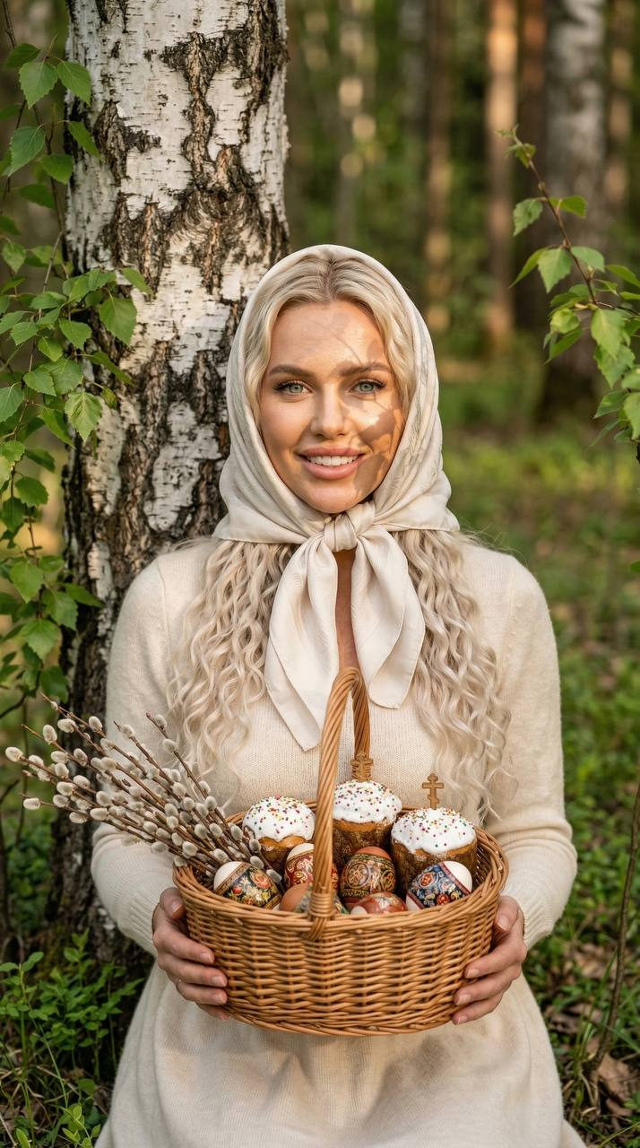 Easter Woman in Birch Forest