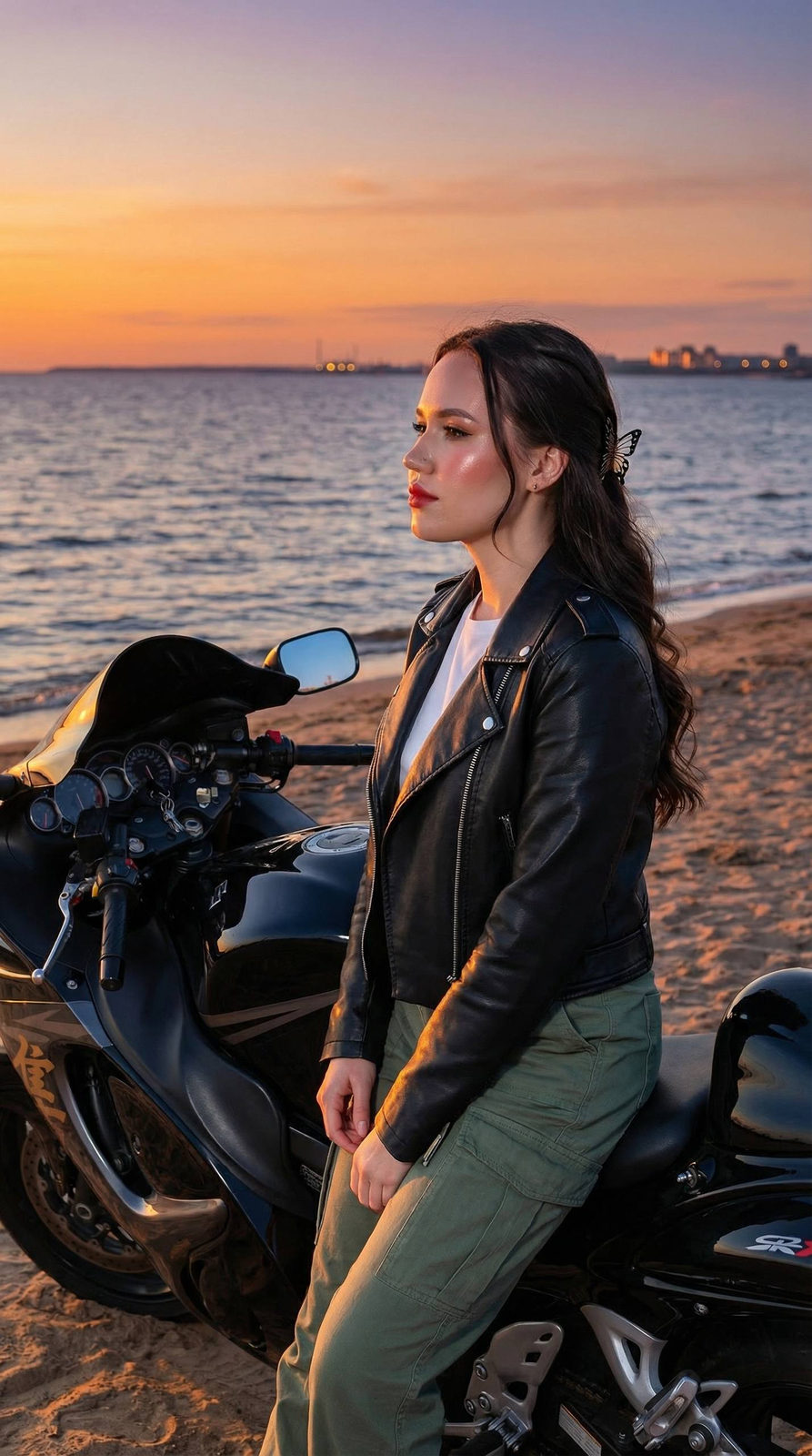 Sunset Beach Motorcycle Girl Portrait
