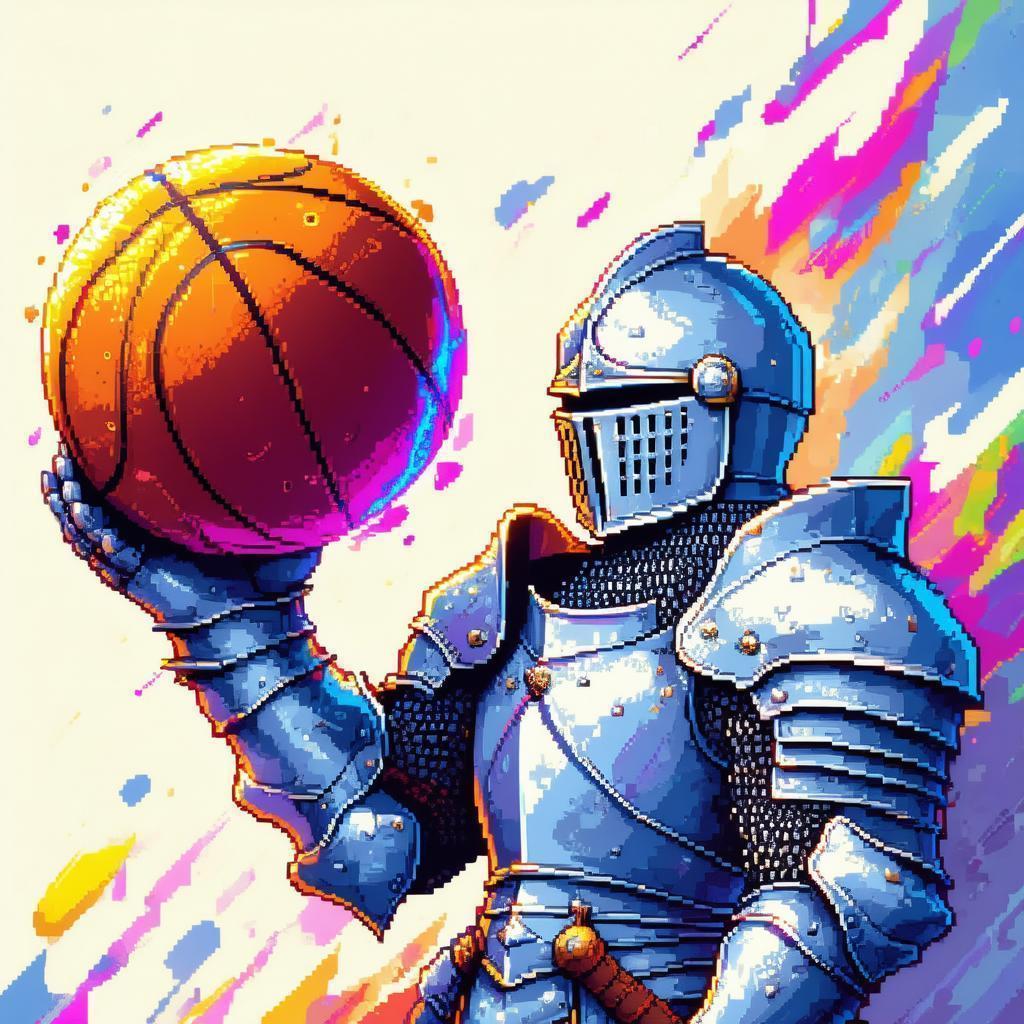 Pixel Knight in Silver Armor Holding Basketball