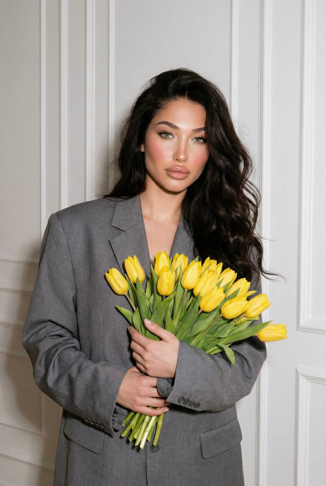 Grey Blazer Yellow Tulips Portrait