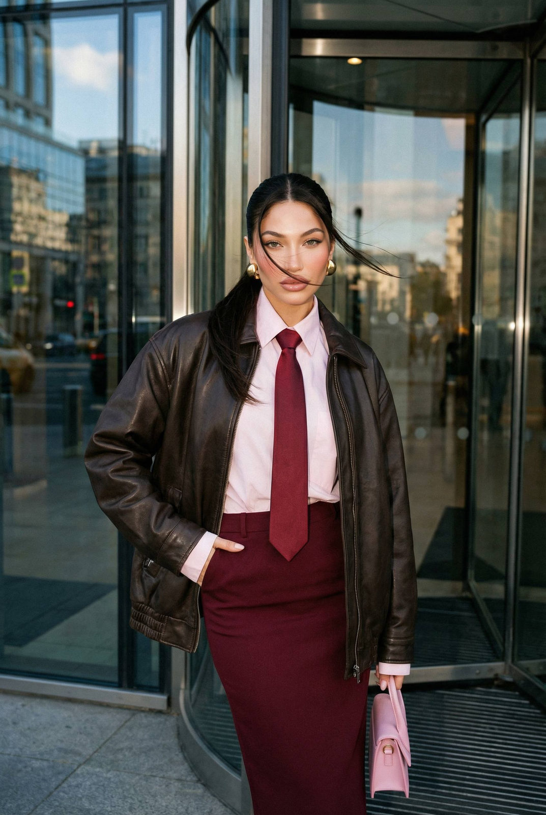 Confident Street Style in Urban Glass Setting