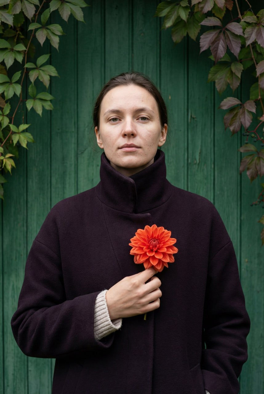 Cinematic Portrait With Dahlia On Wood