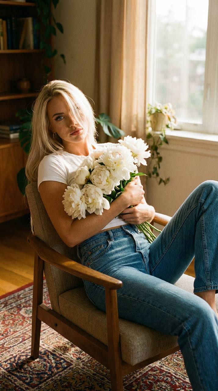 Golden Hour Girl with Peonies
