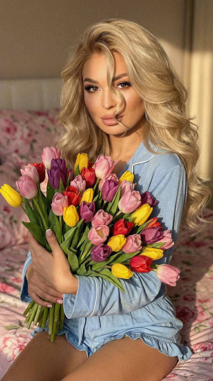 Tulip Girl in Sunlit Bedroom