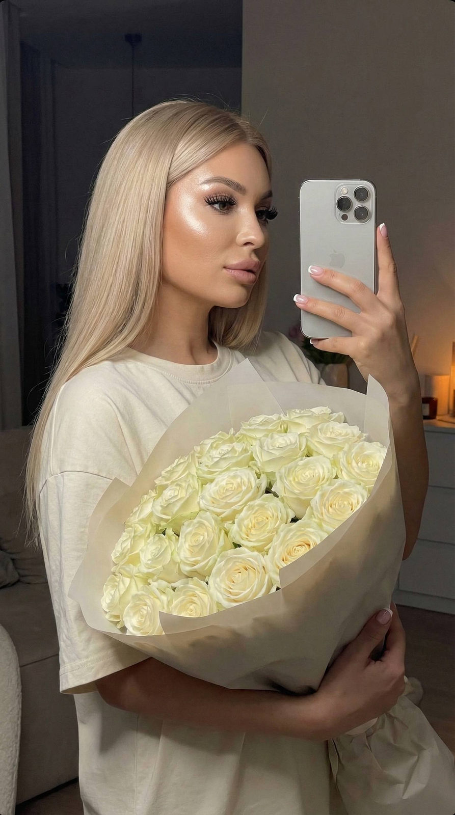 Mirror Selfie with White Roses