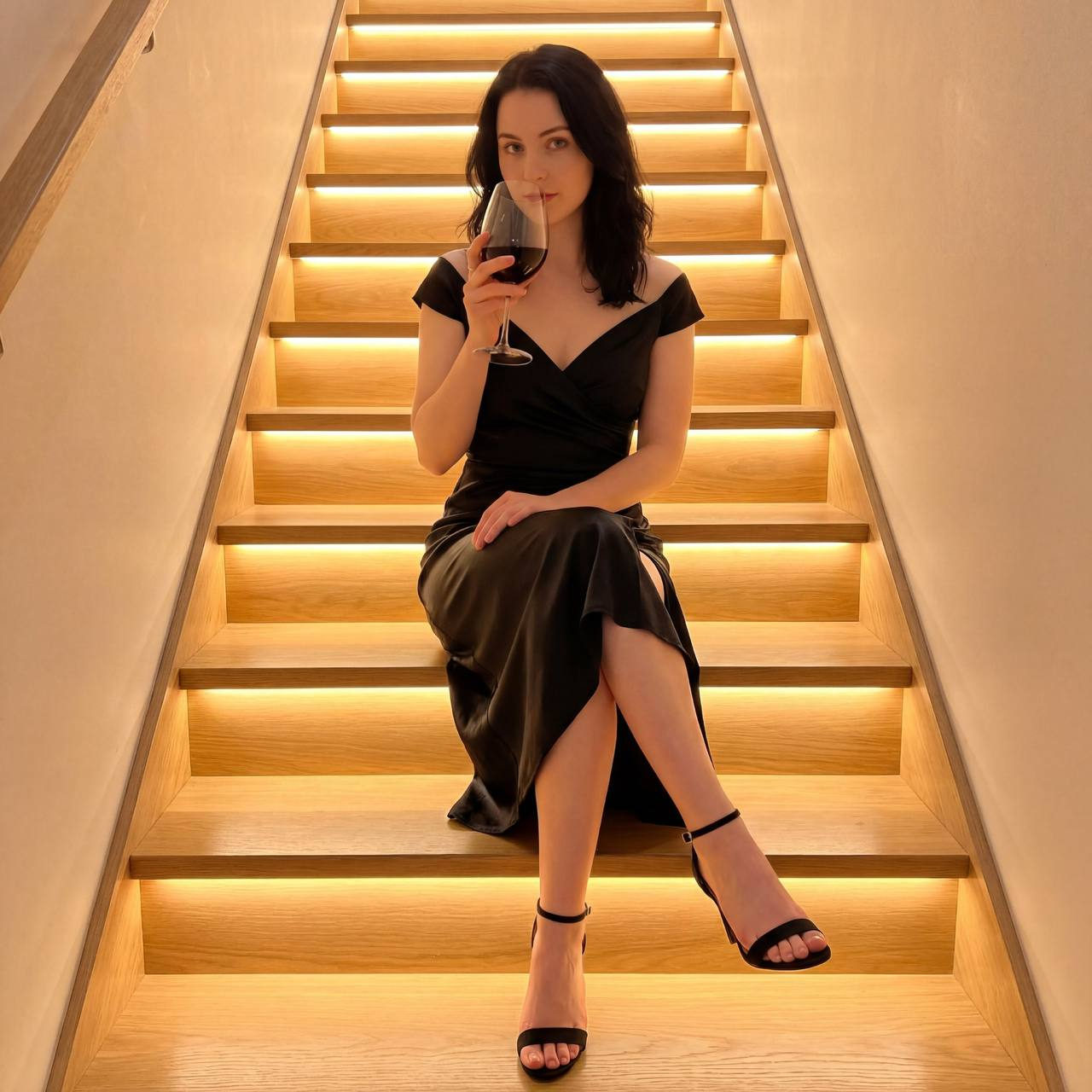 Elegant Woman Wine Stairs Portrait