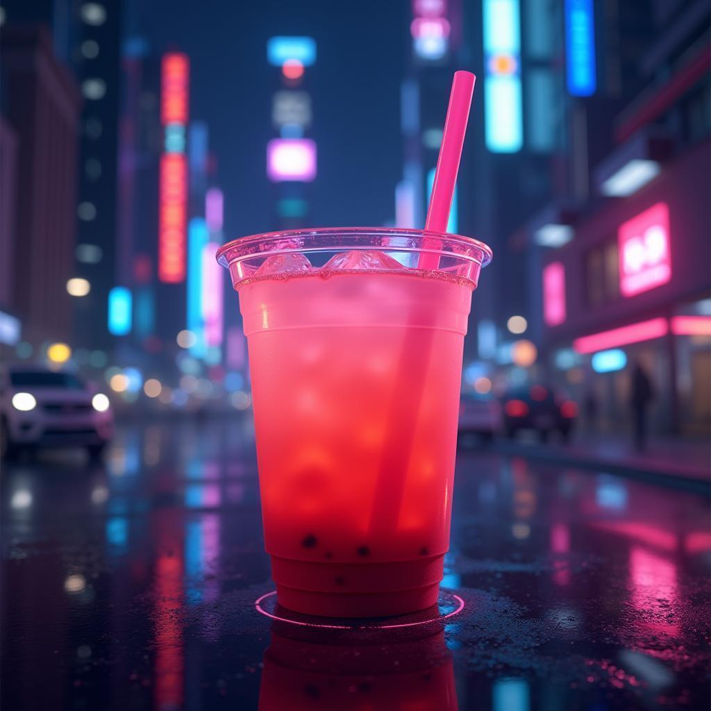 Neon Boba Cup Against Futuristic City Lights