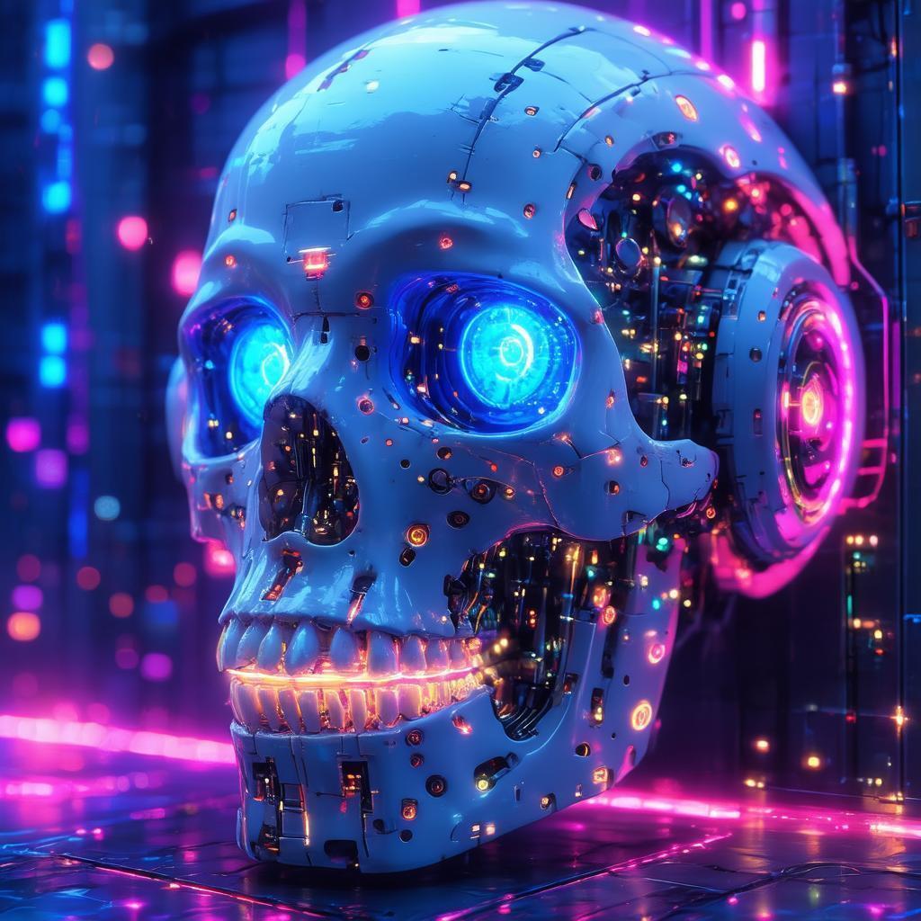 Neon Robotic Skull With Glowing Blue Eyes