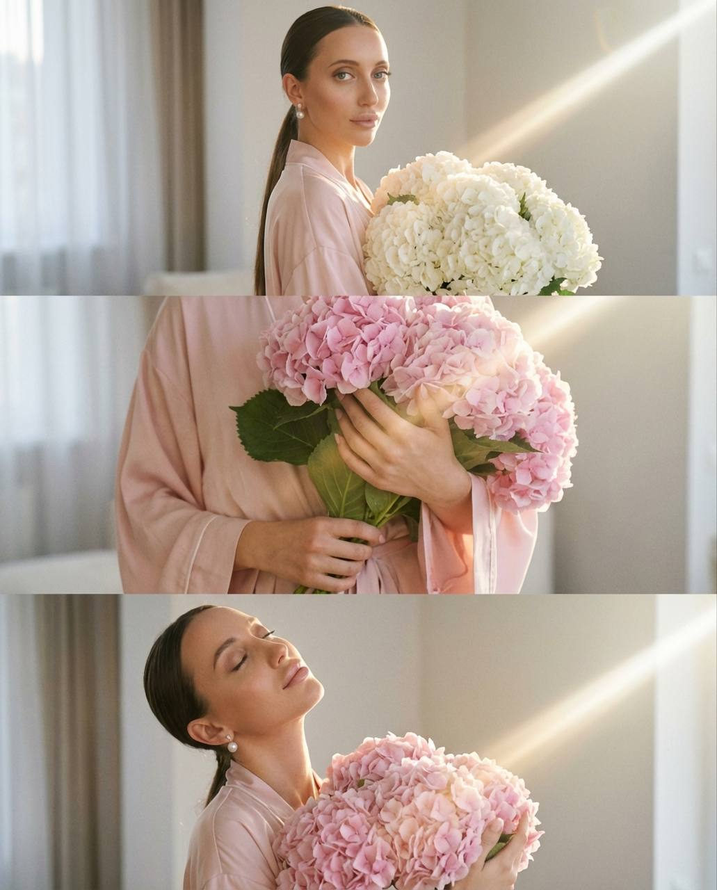 Golden Hour Hydrangea Triptych Portrait