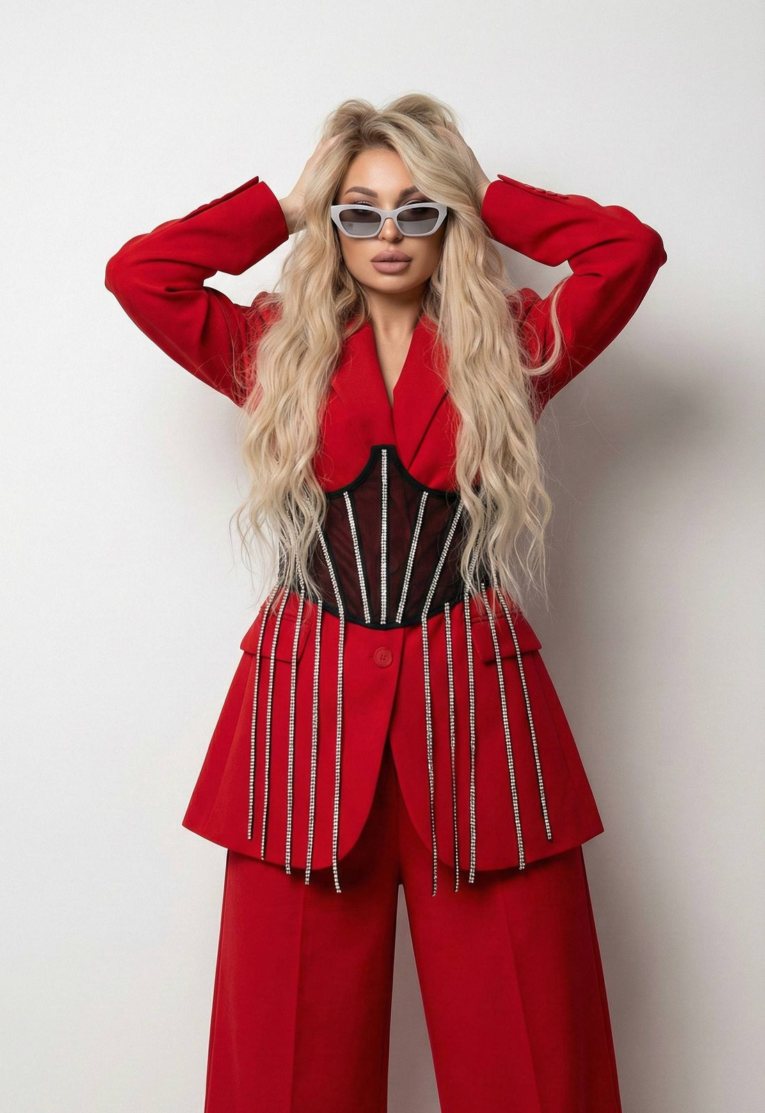 Red Power Suit Fashion Editorial