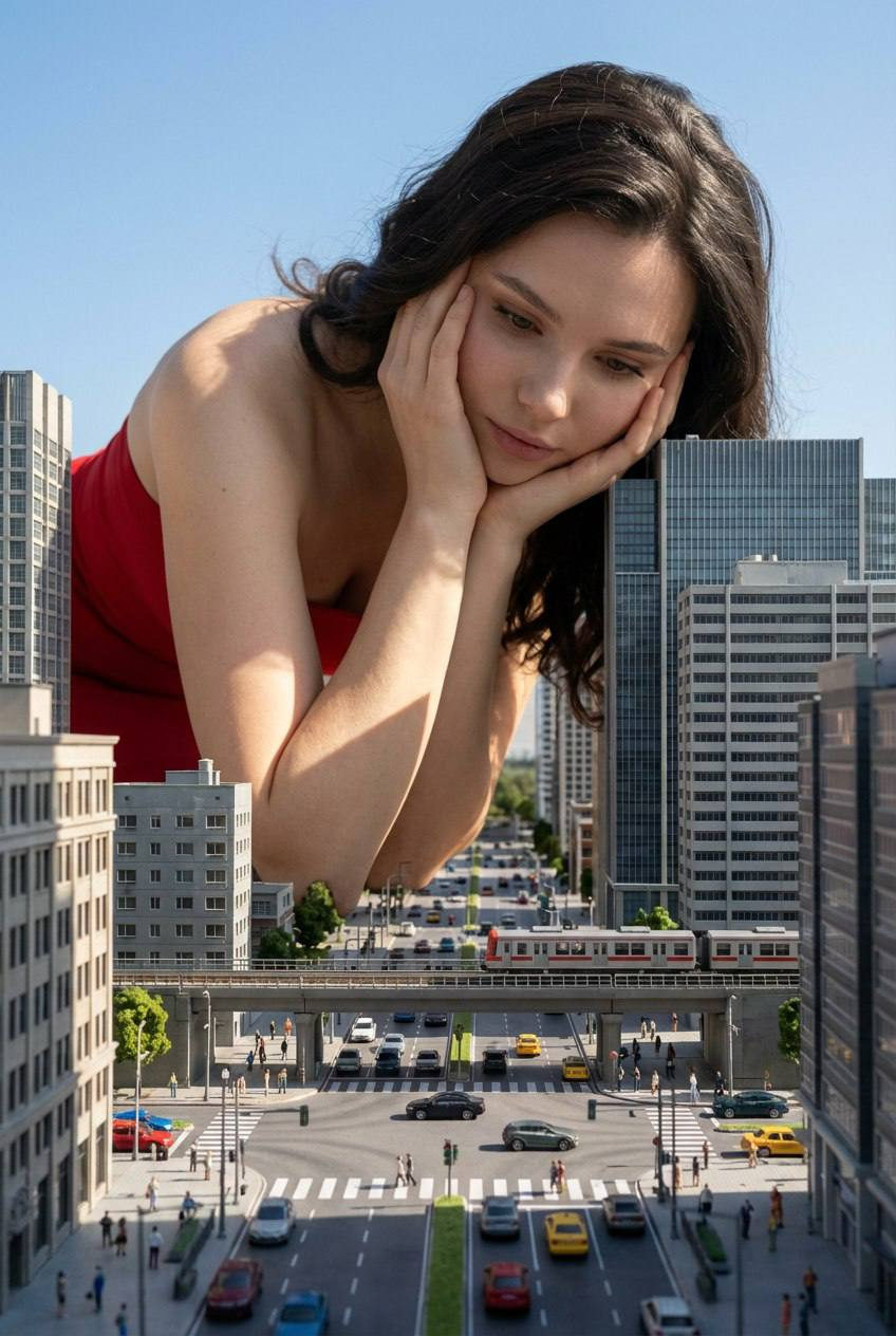 Curious Giant Peers Down at City