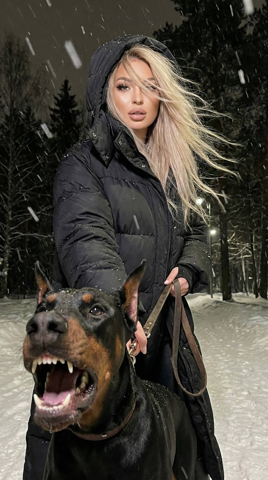 Winter Night Girl With Doberman