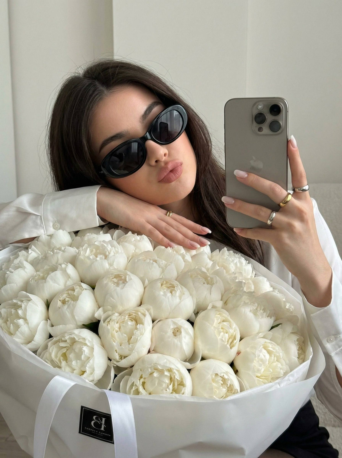 Cinematic Mirror Selfie with Peonies