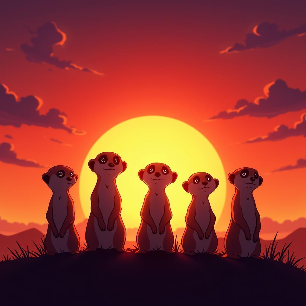Five Meerkats Silhouetted Against Anime Sunset