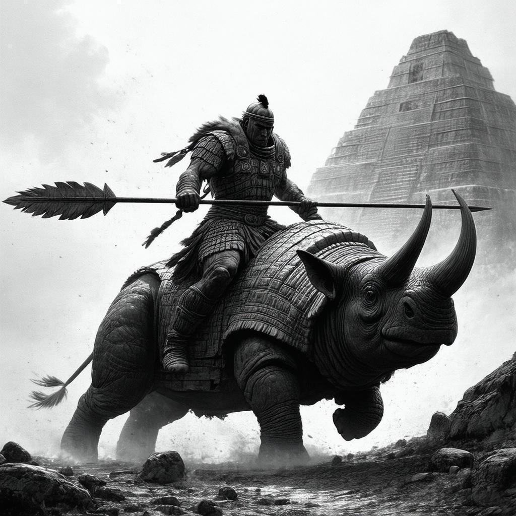 Toltec Warrior Riding a Glyptodon in Monochrome