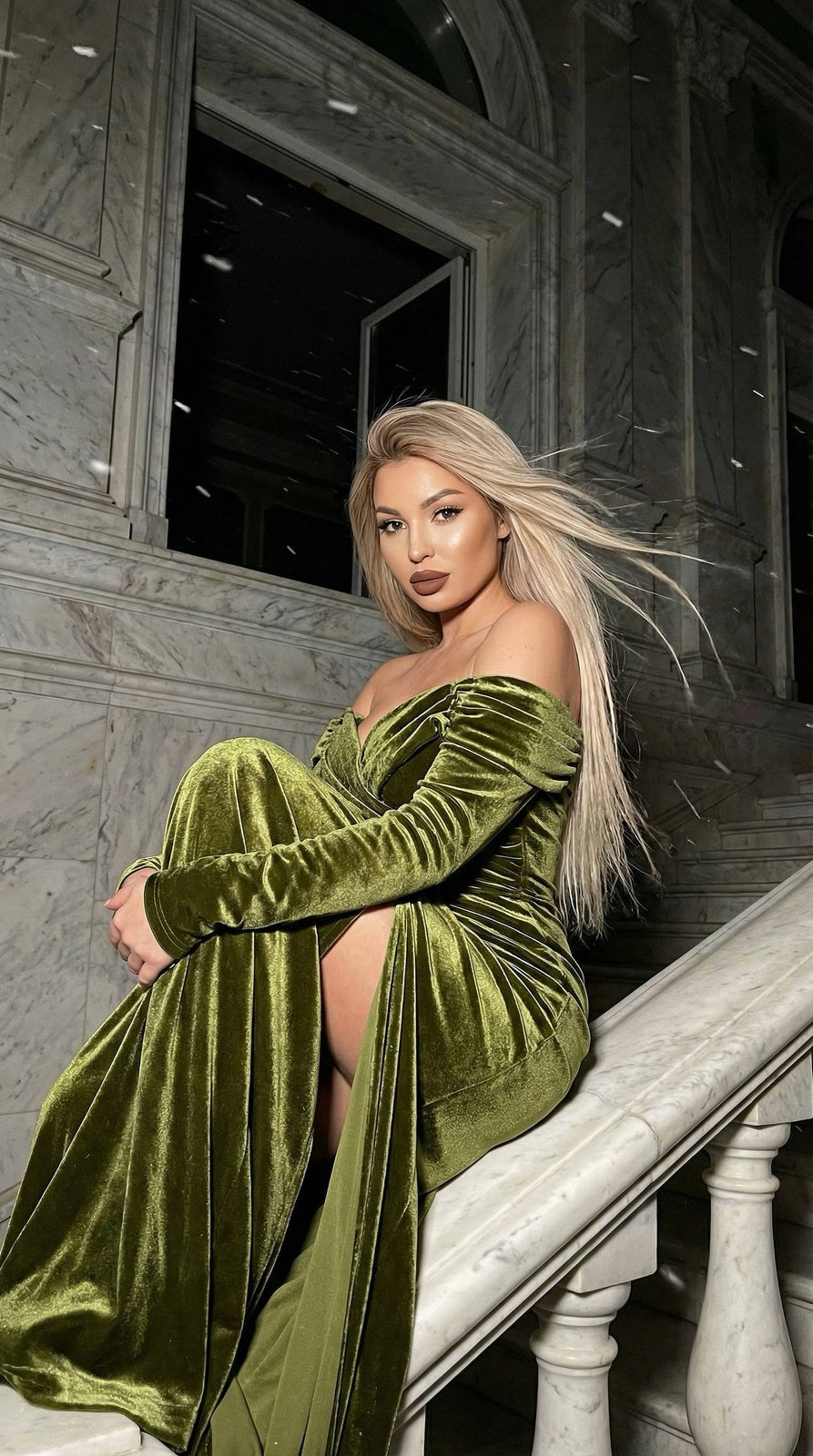 Velvet Beauty on Snowy Marble Staircase
