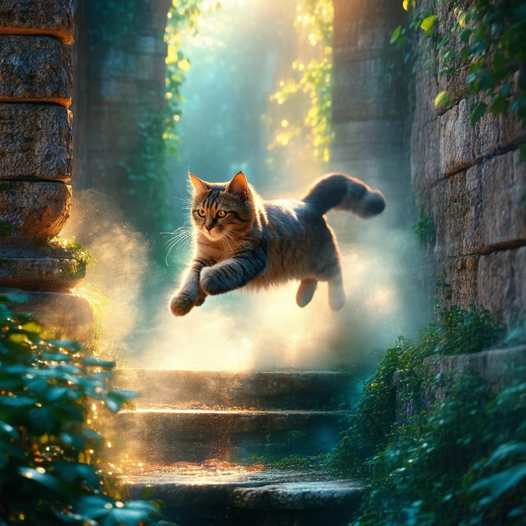 Mystical Cat Leaping From Ancient Stone Wall