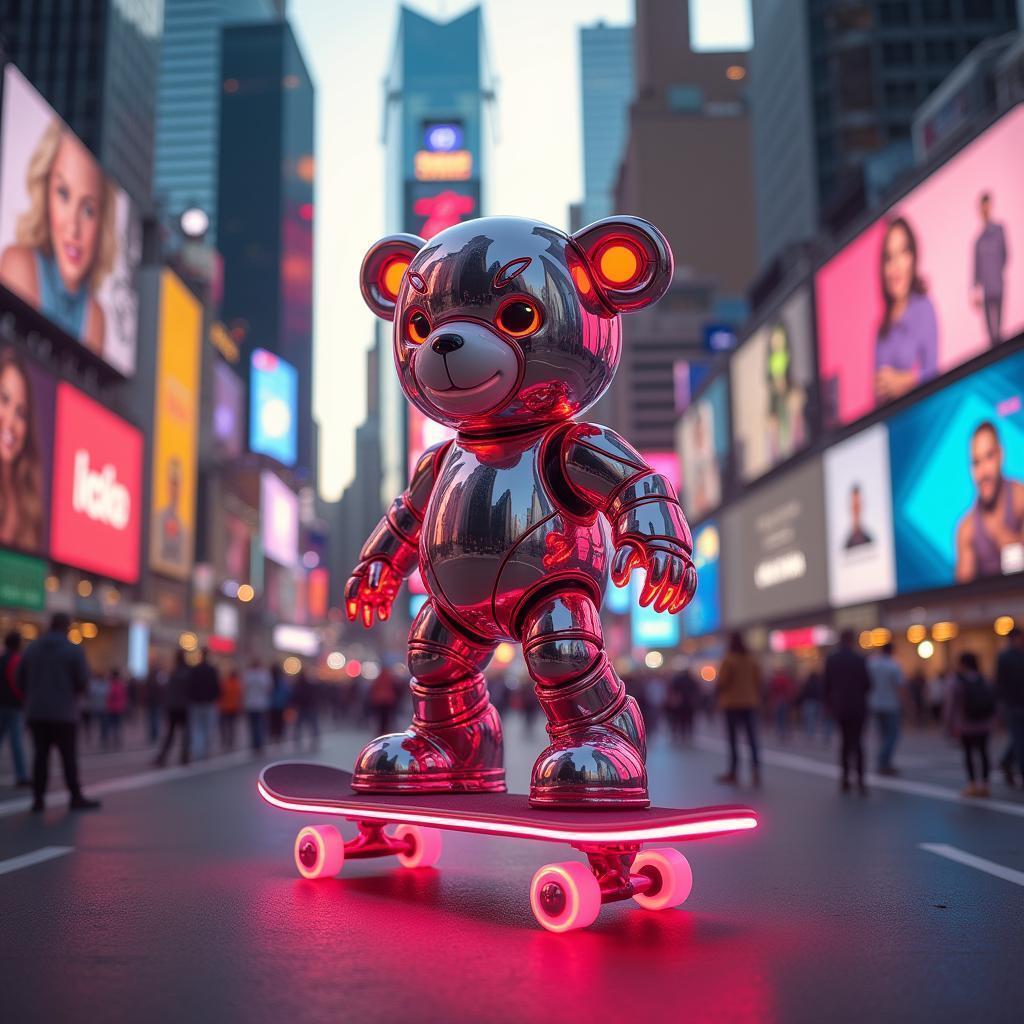 Neon Teddy Bear Skating Through Times Square