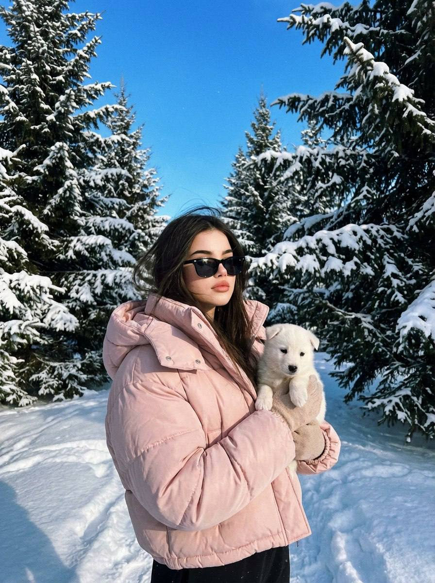 Stylish Girl with Puppy in Snowy Forest