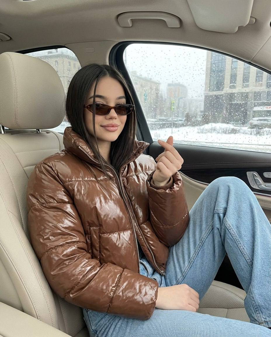 Winter Car Heart Gesture Girl Portrait