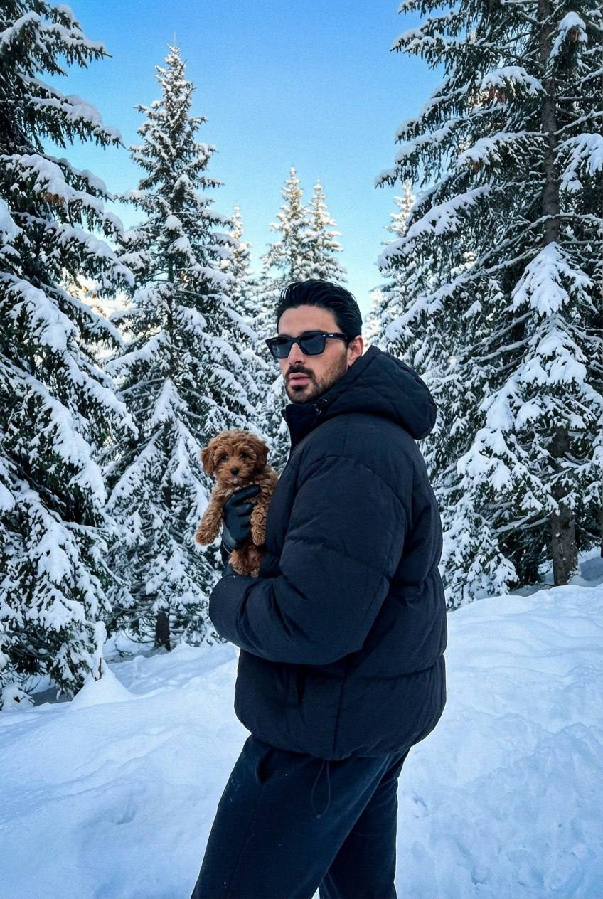 Stylish Man Holds Puppy In Snow