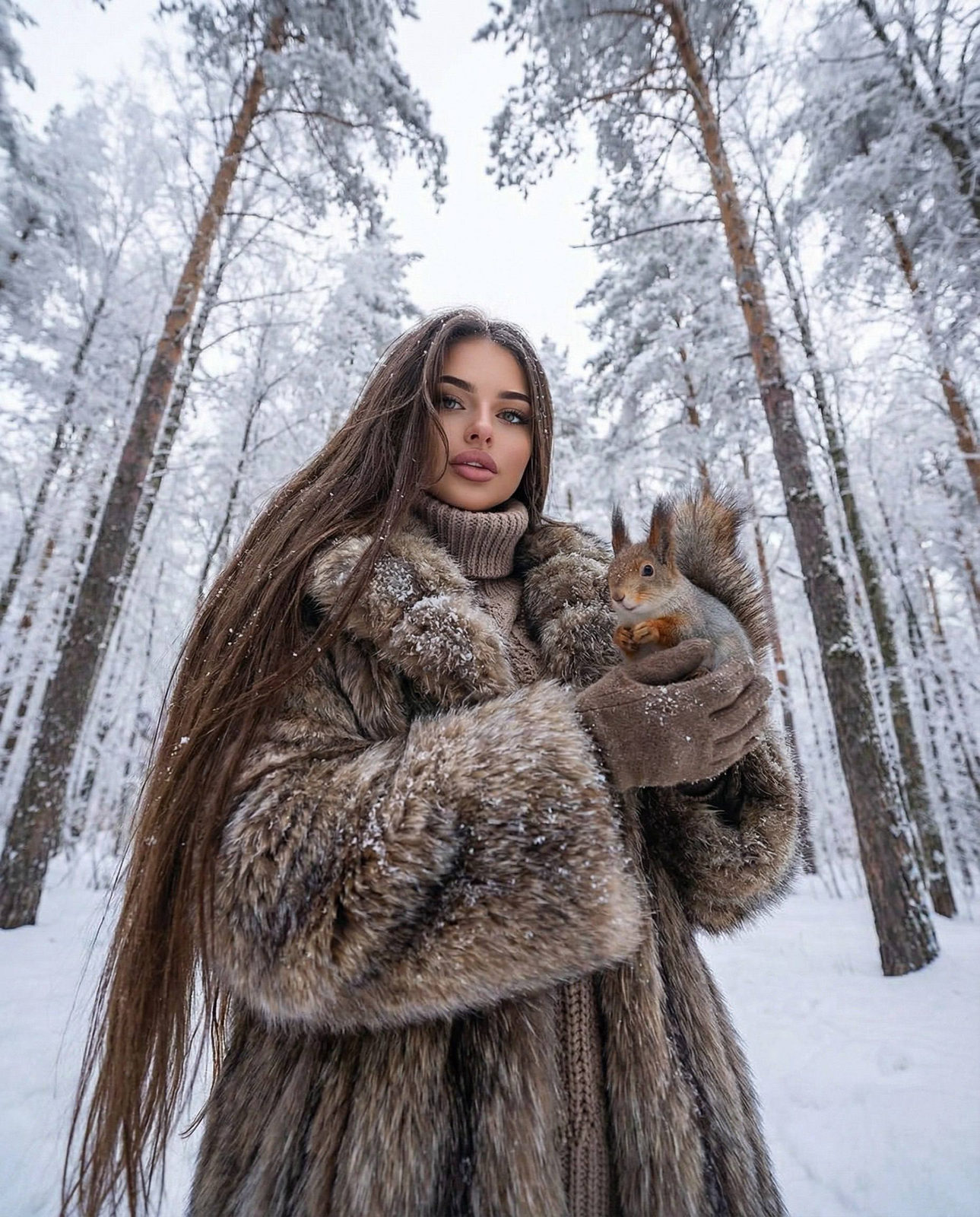 Winter Forest Girl With Squirrel