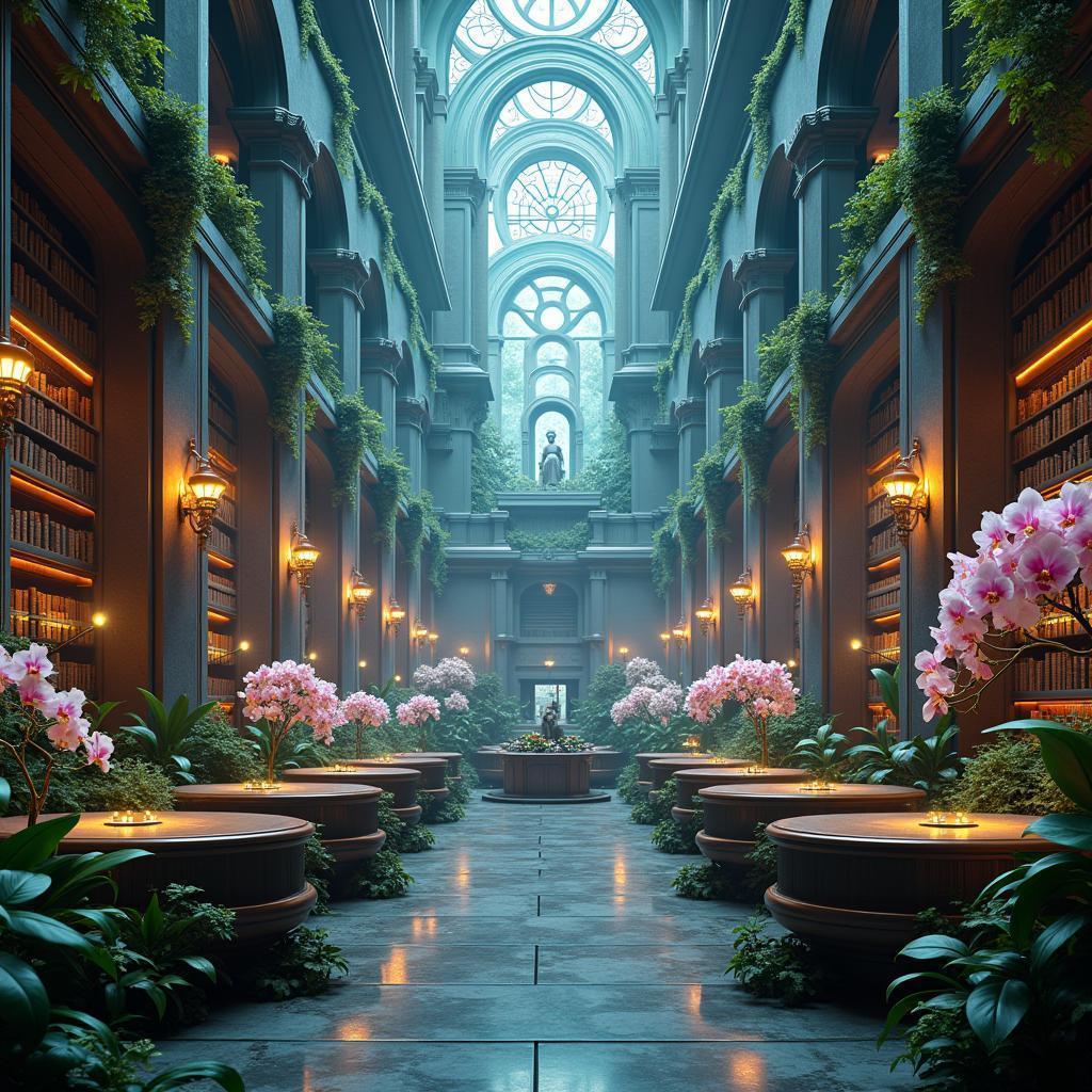 Ancient Library Overgrown With Orchids and Neon