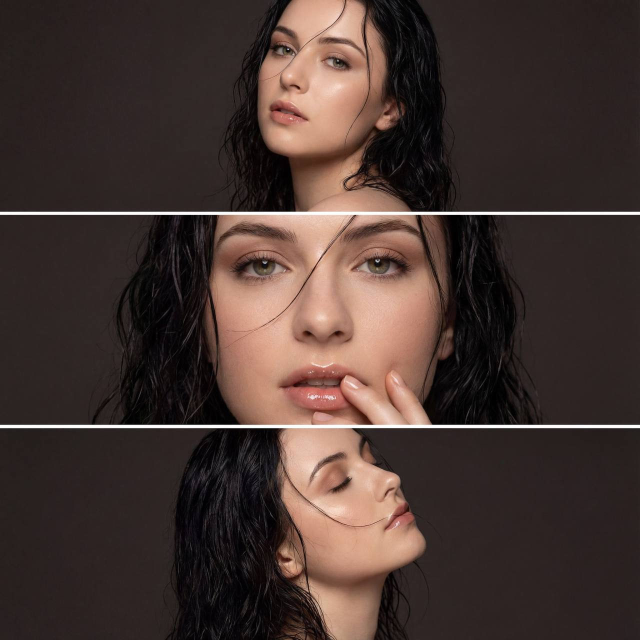 Dark Studio Beauty Triptych Portrait