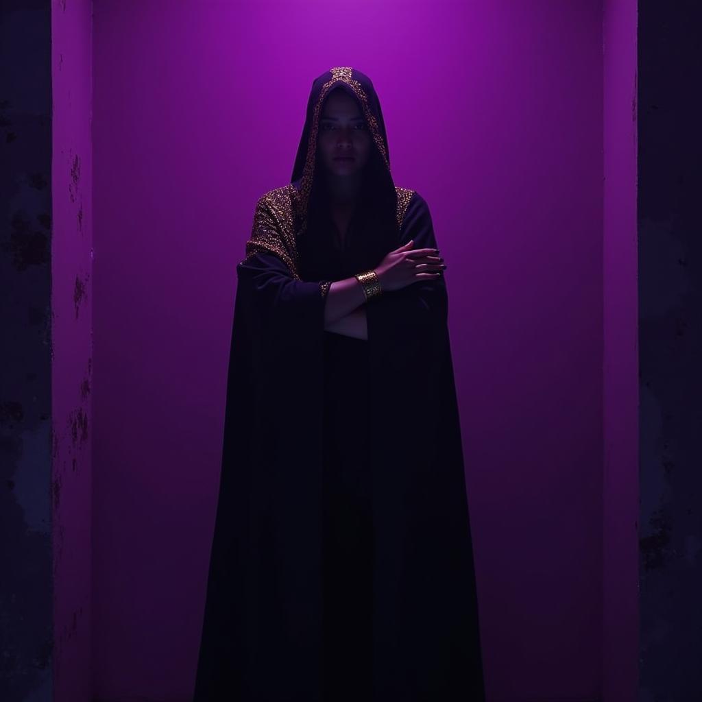 Mysterious Figure in Black and Gold Neon