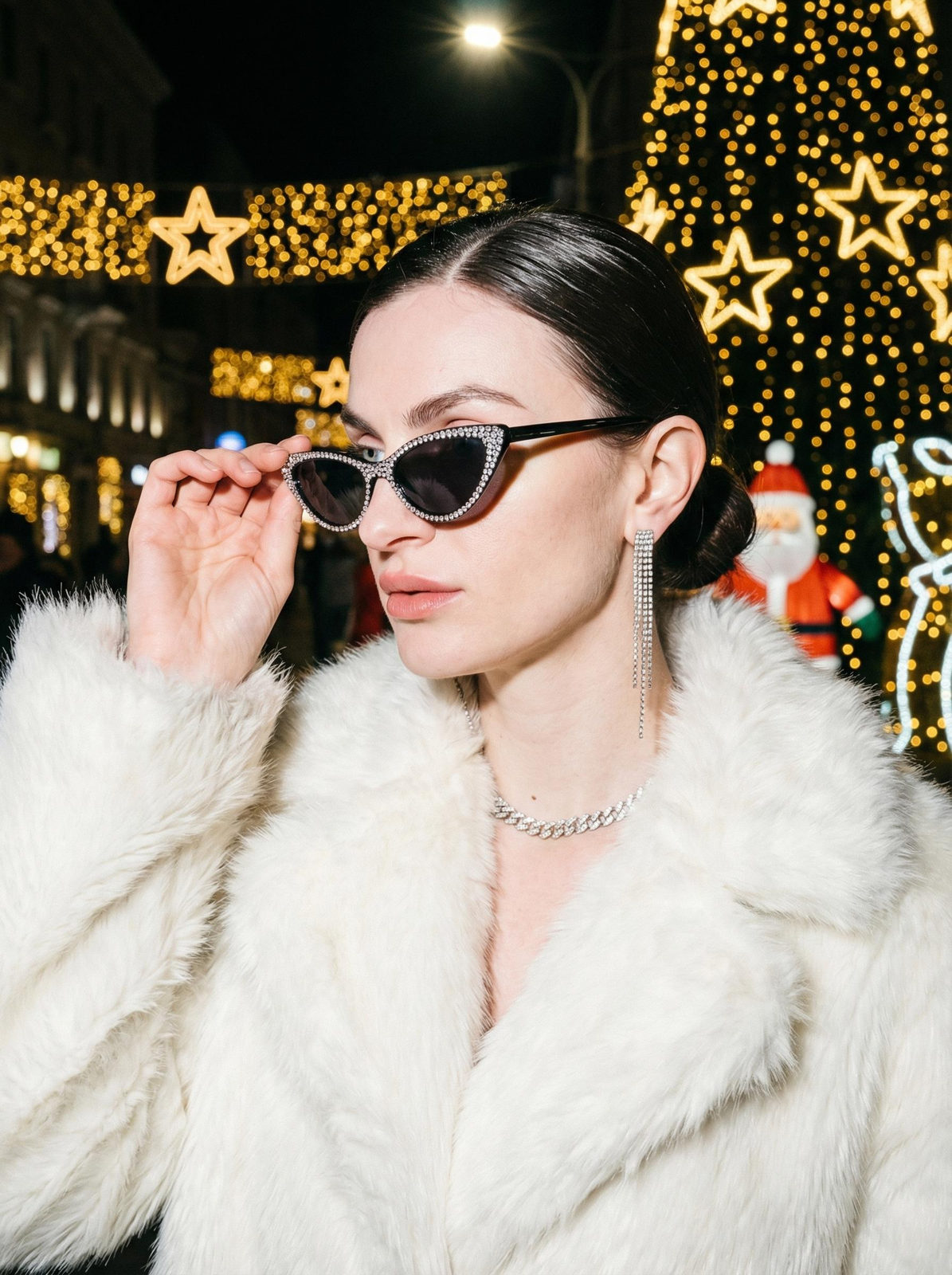 Stylish Woman in Faux Fur Night Portrait