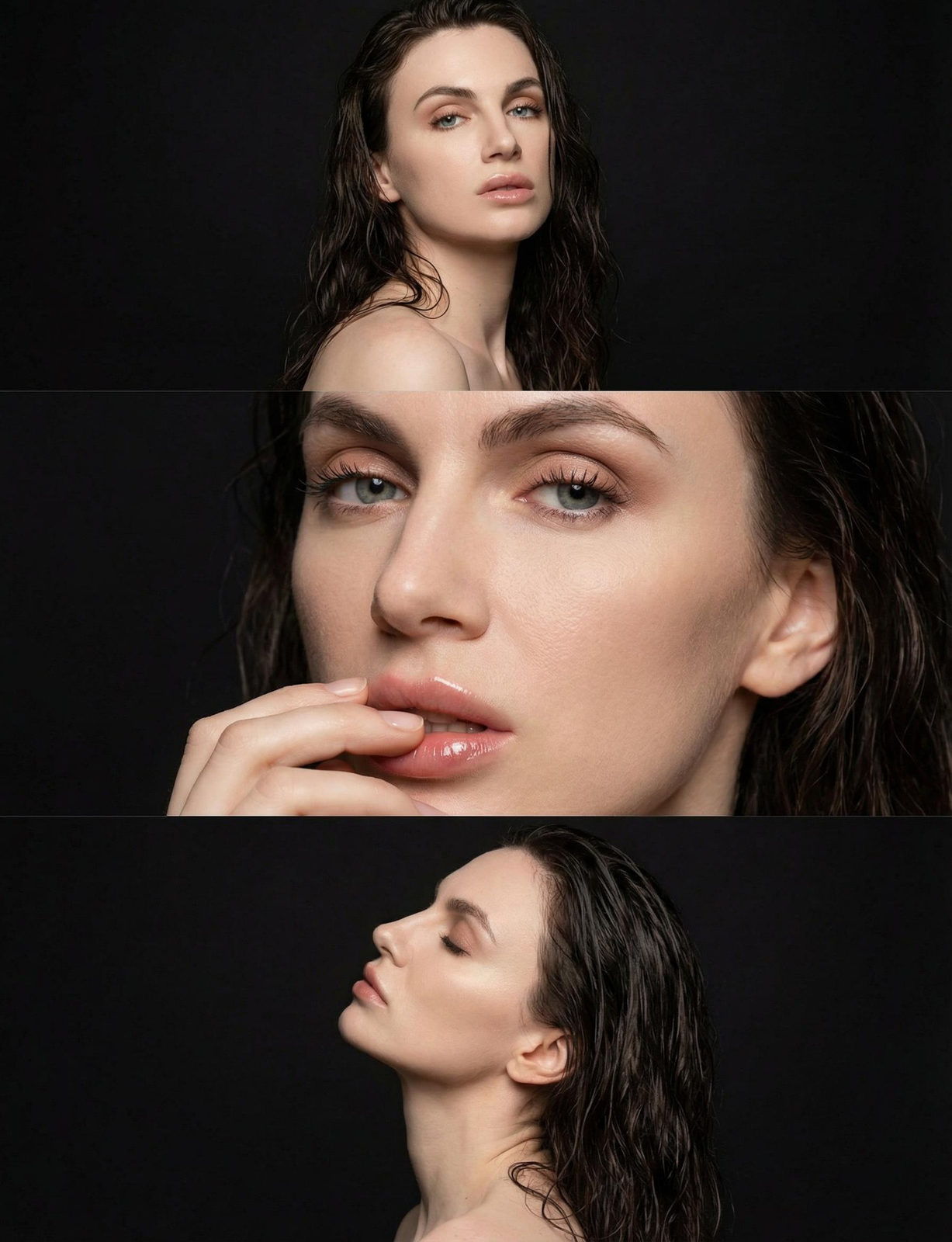 Dark Studio Beauty Triptych Portrait