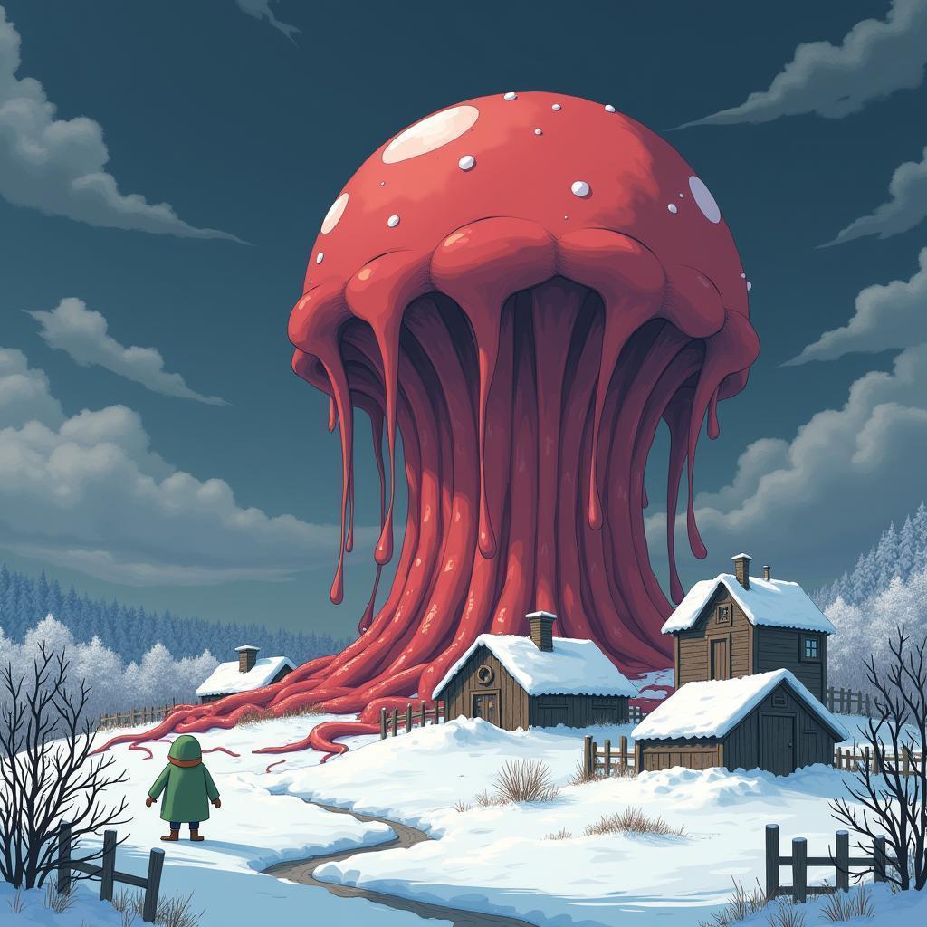 Crimson Tentacle Blob Looms Over Ghibli Village