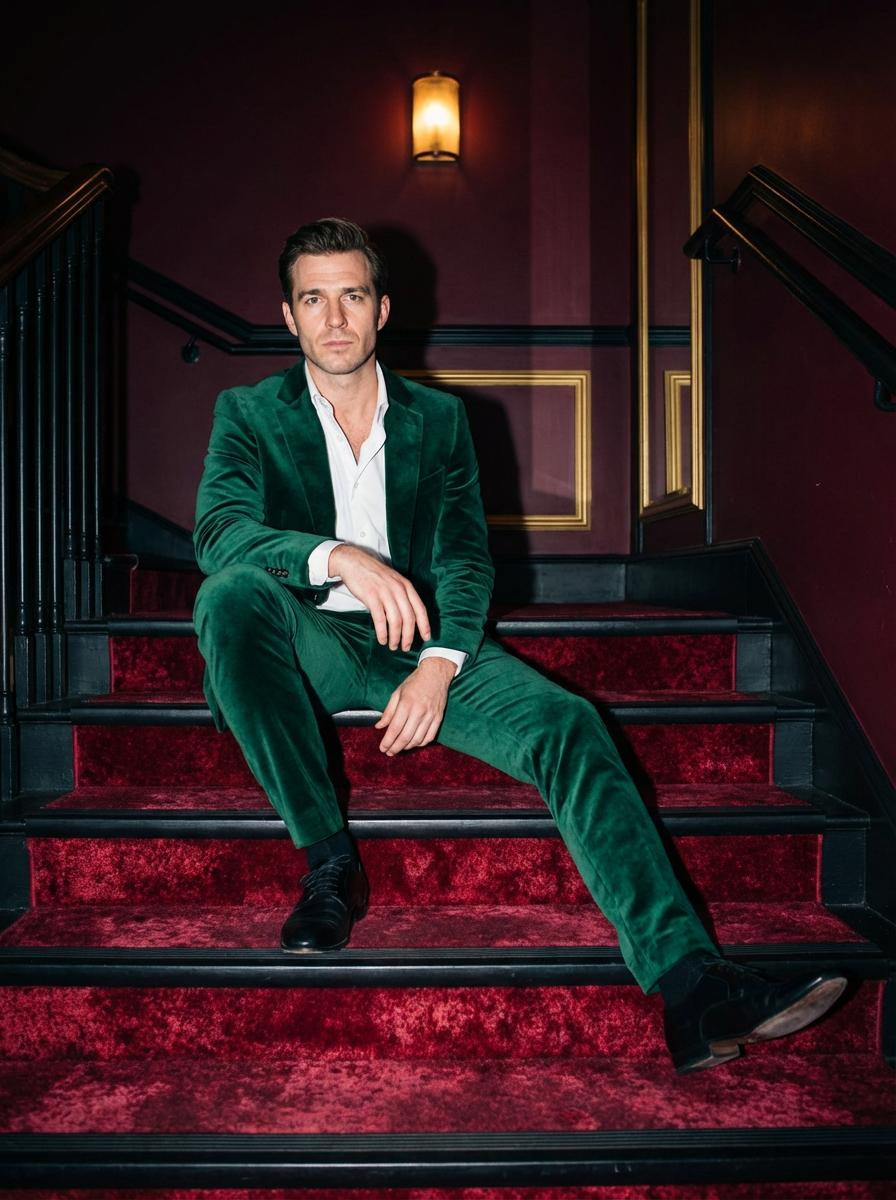 Emerald Velvet Gentleman on Red Staircase