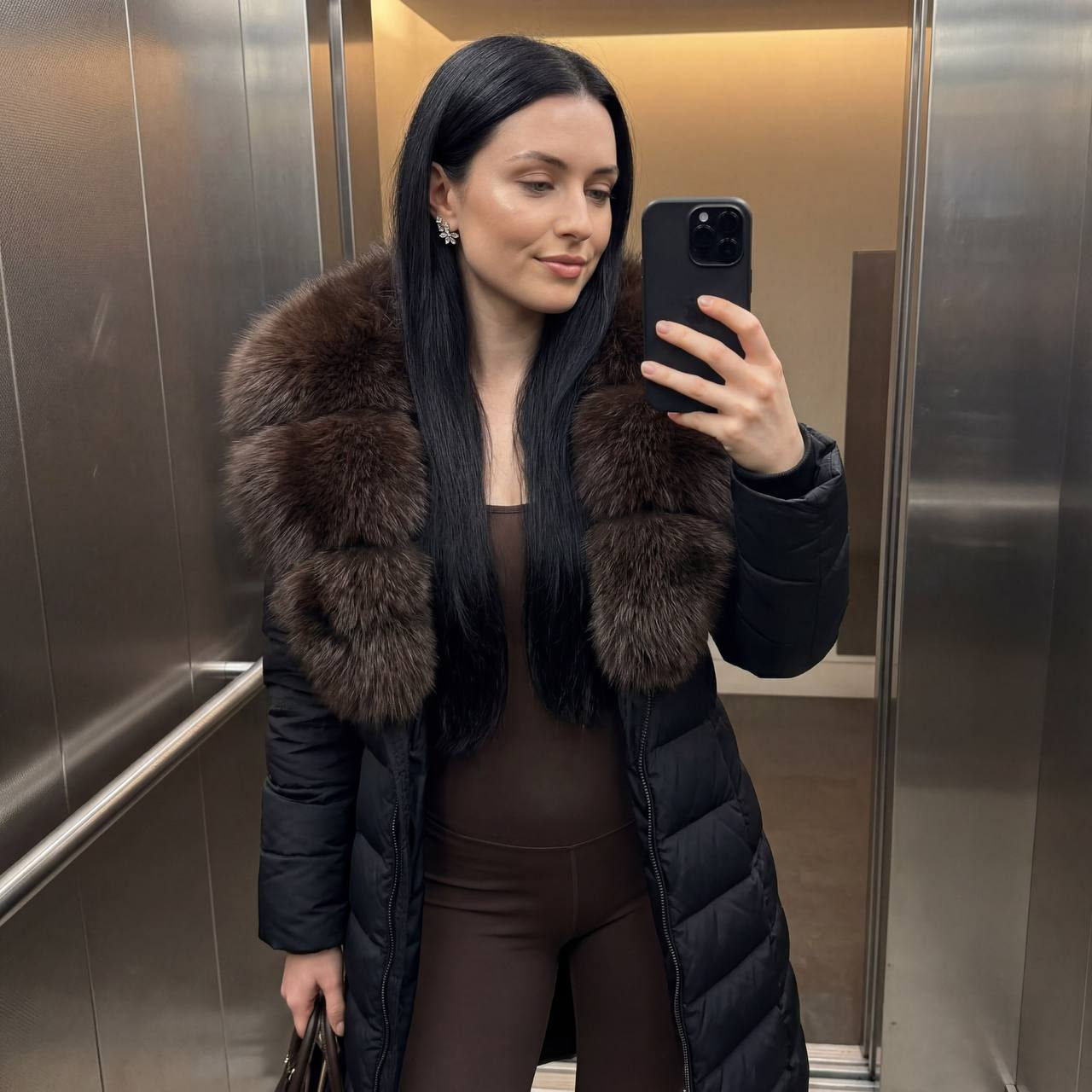 Elevator Mirror Selfie in Fur Jacket