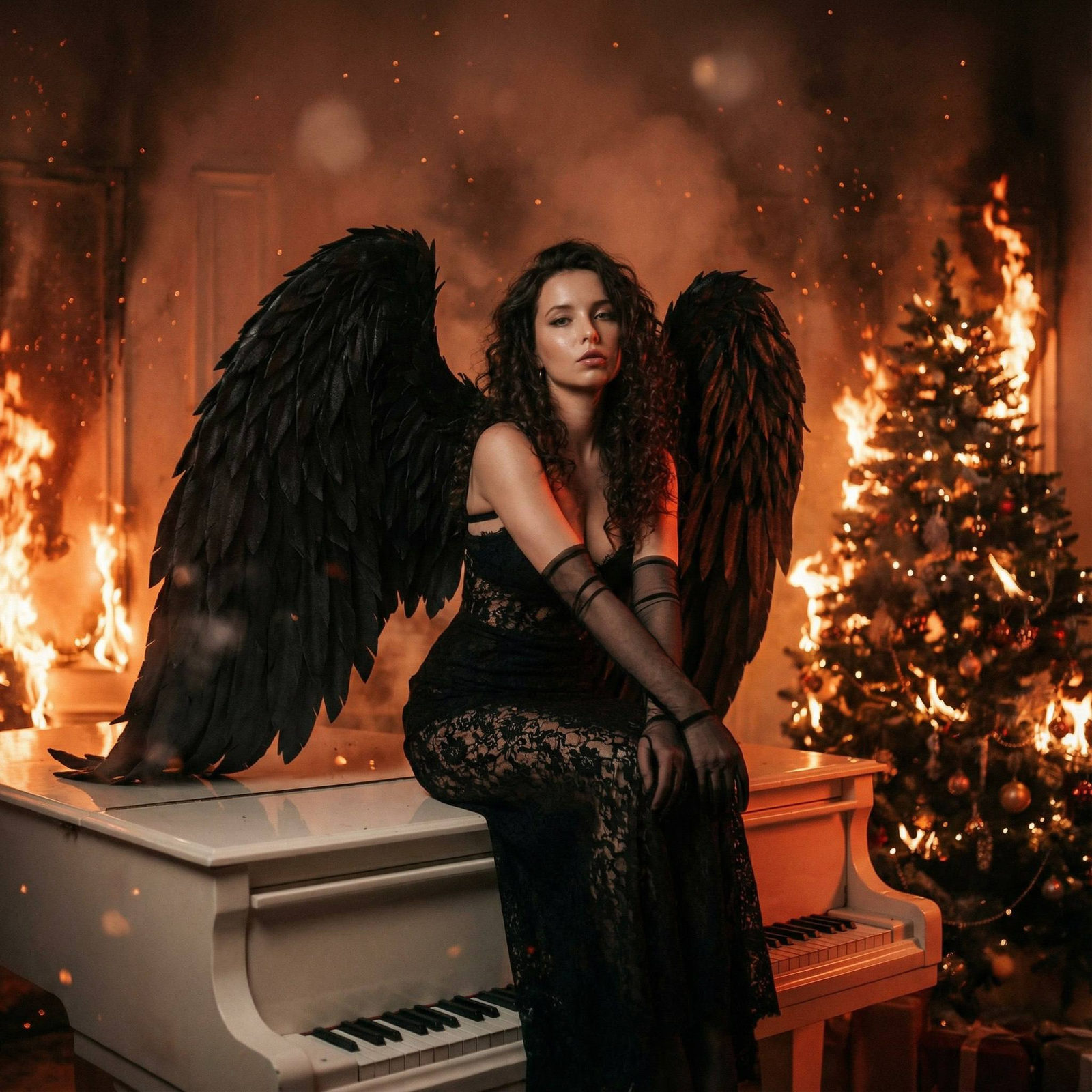 Dark Angel in Burning Gothic Room