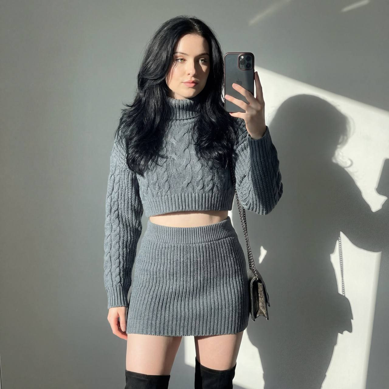 Grey Knit Fashion Selfie In Sunlight
