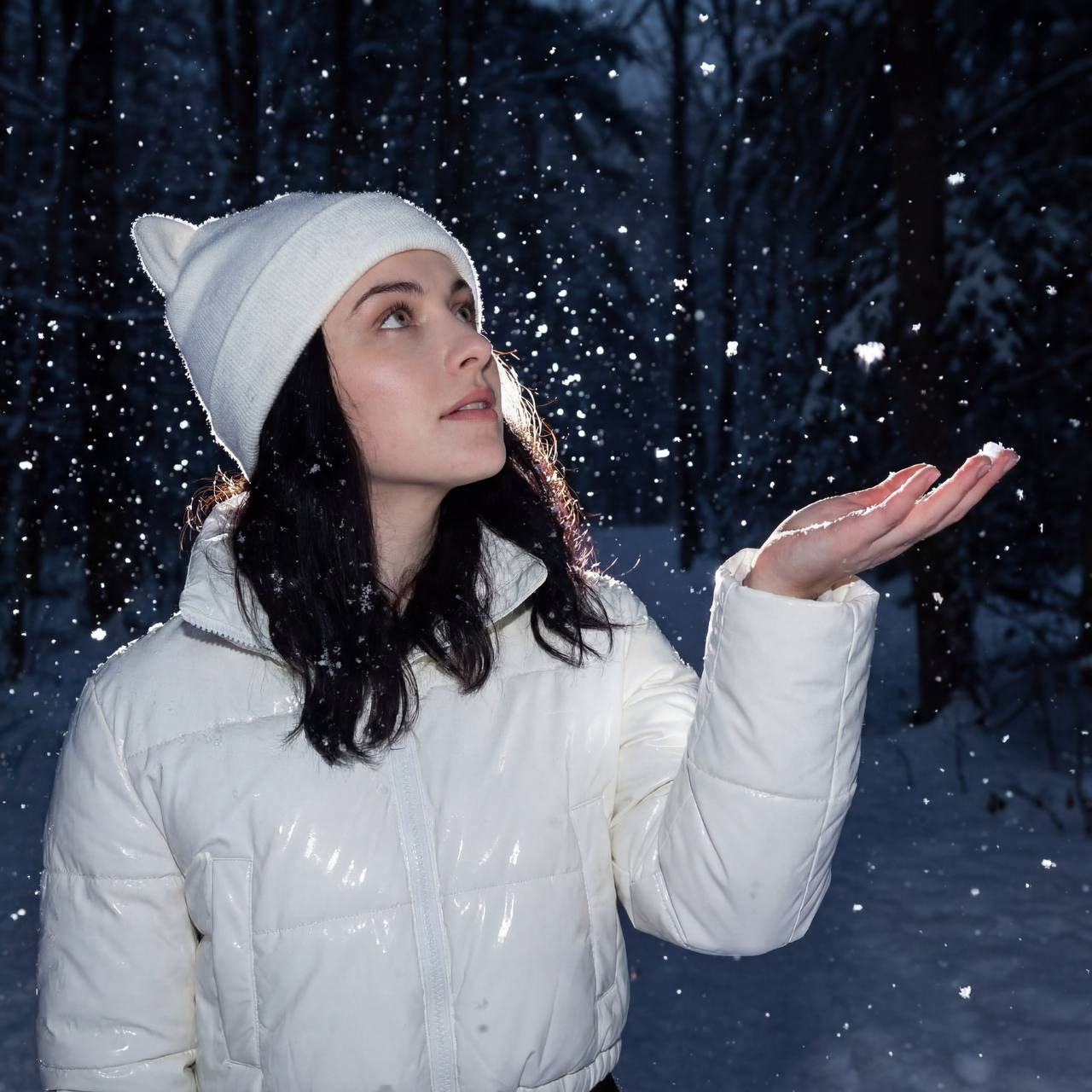 Snow-Catching Cat-Ear Girl Backlit Night