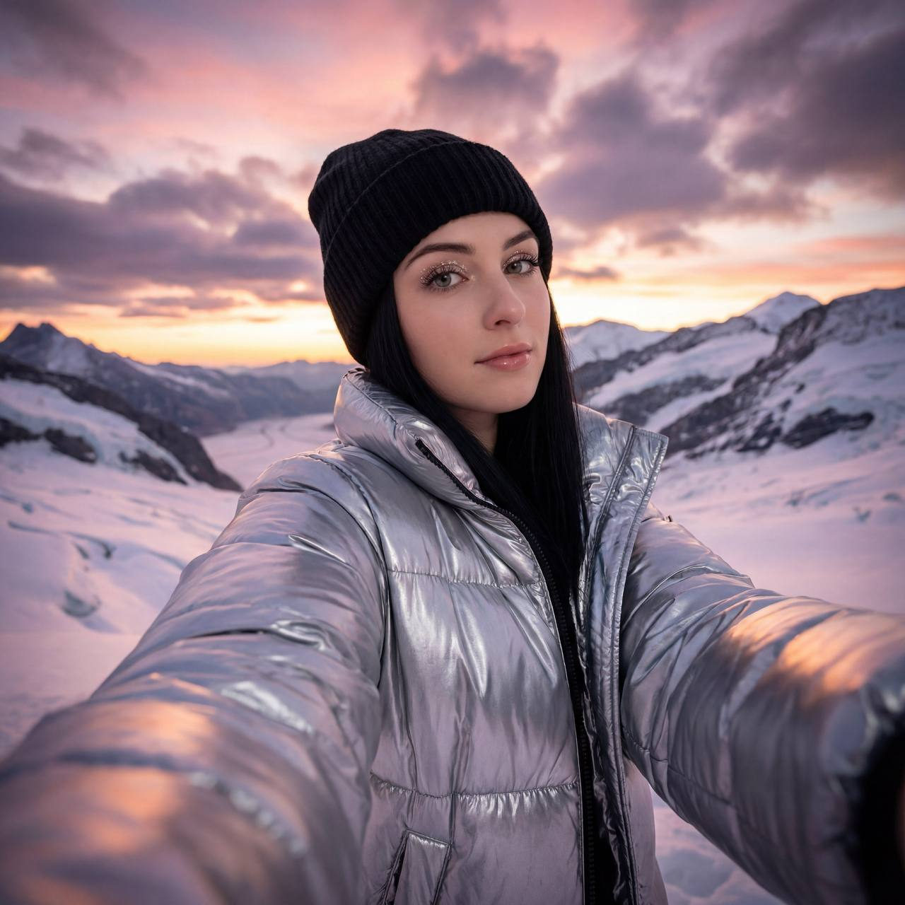 Sunset Snowy Mountain Selfie