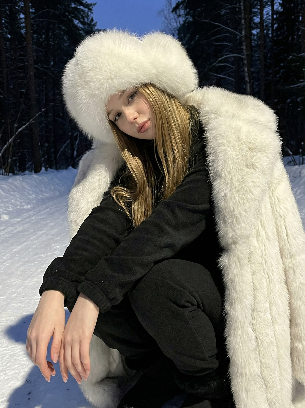 Snowy Forest Girl Squat Close-Up