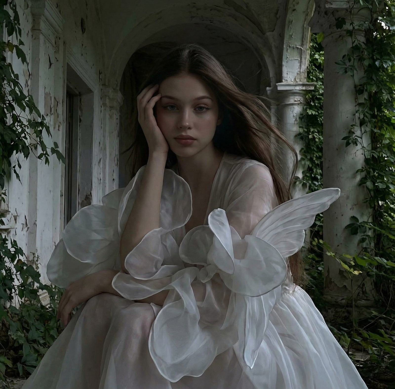 Dark Petal Dress Portrait in Ruins