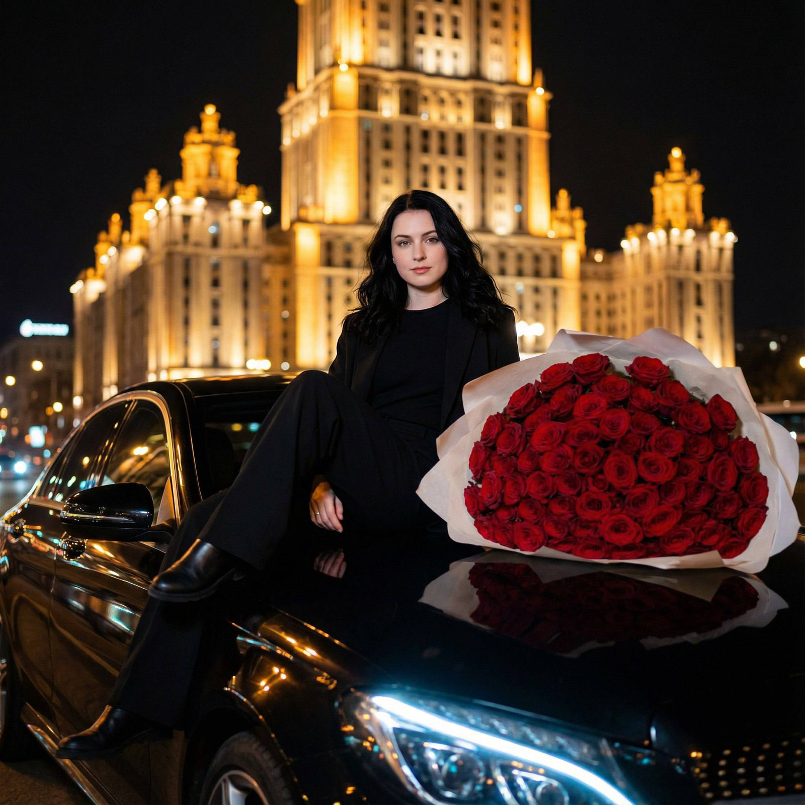 Elegant Woman With Roses On Car