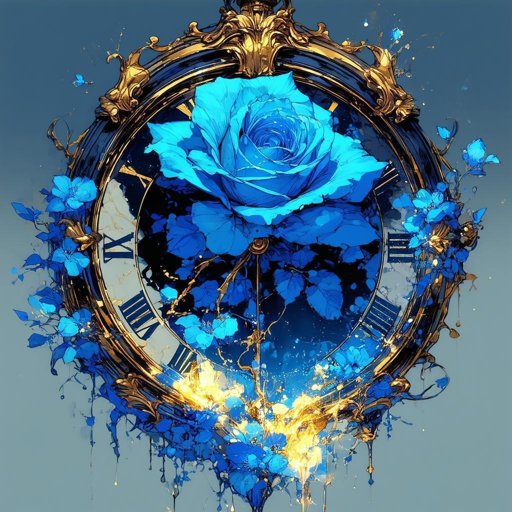 Blue Rose Blooming Inside an Ornate Clock