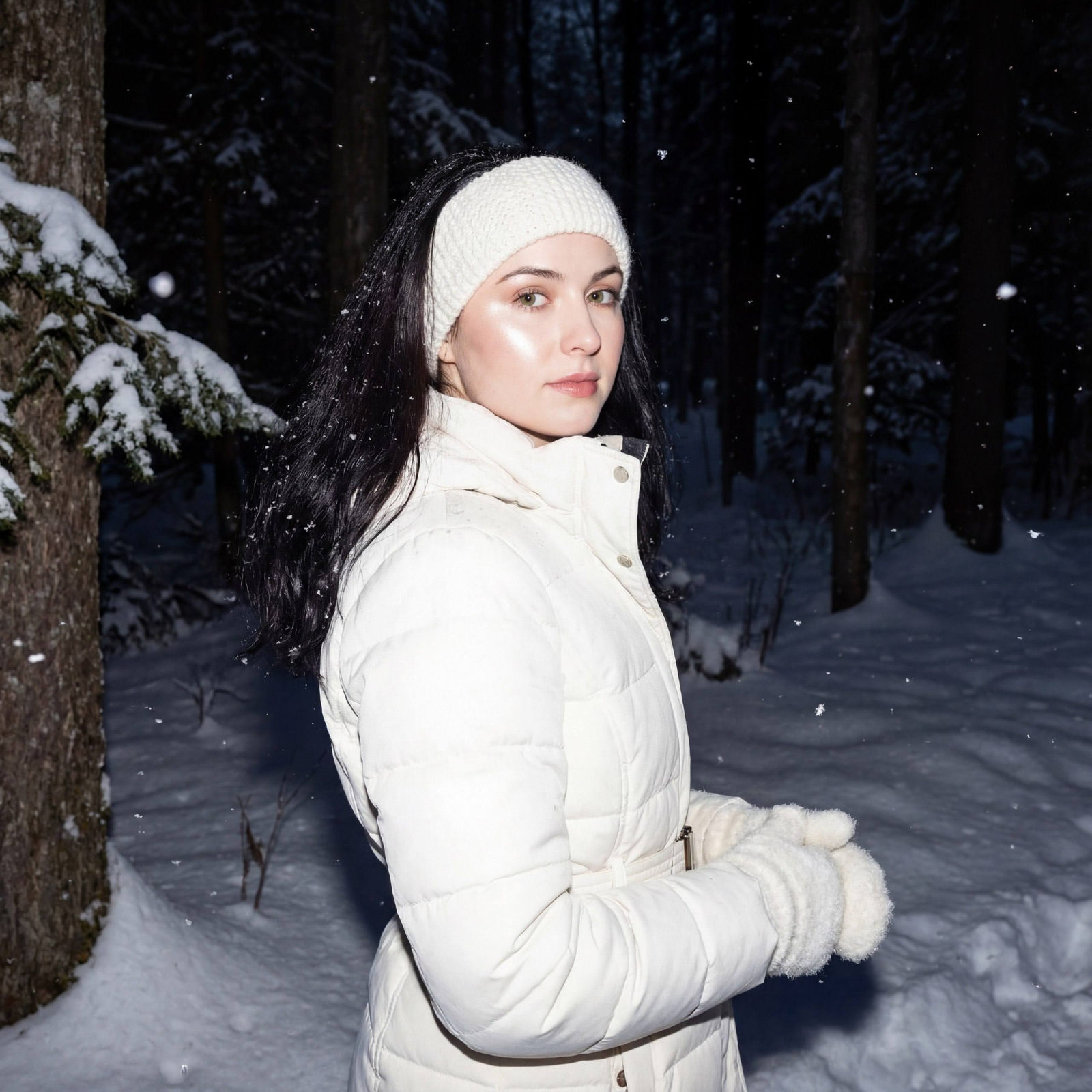 Winter Forest Girl Flash Photo