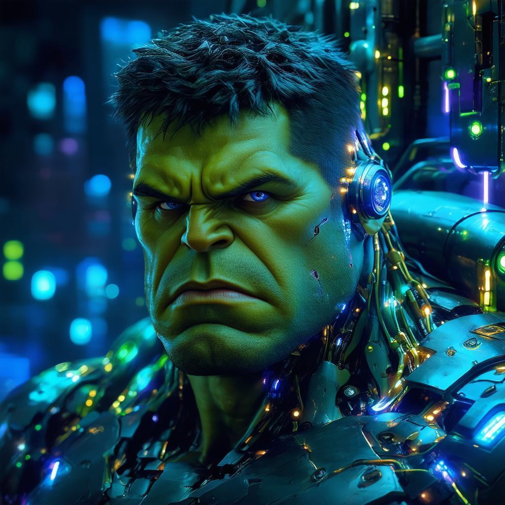Neonpunk Hulk With Glowing Cybernetic Circuits