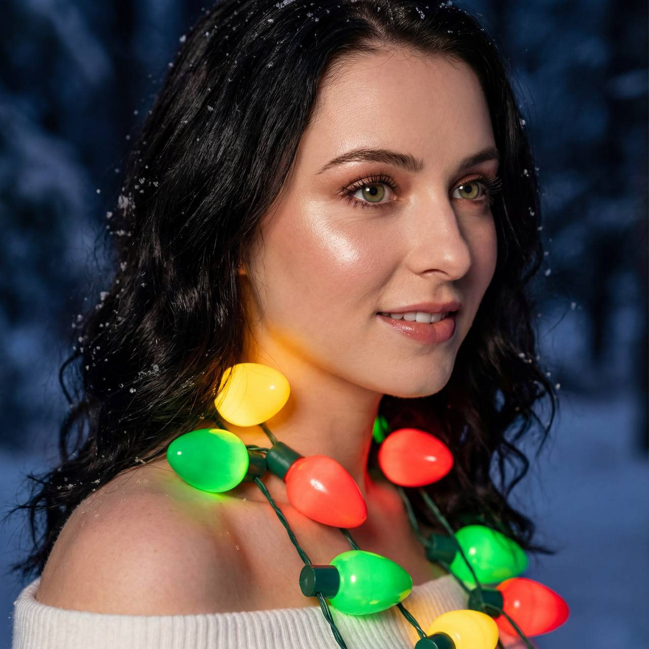 Festive Girl Portrait In Snowy Night