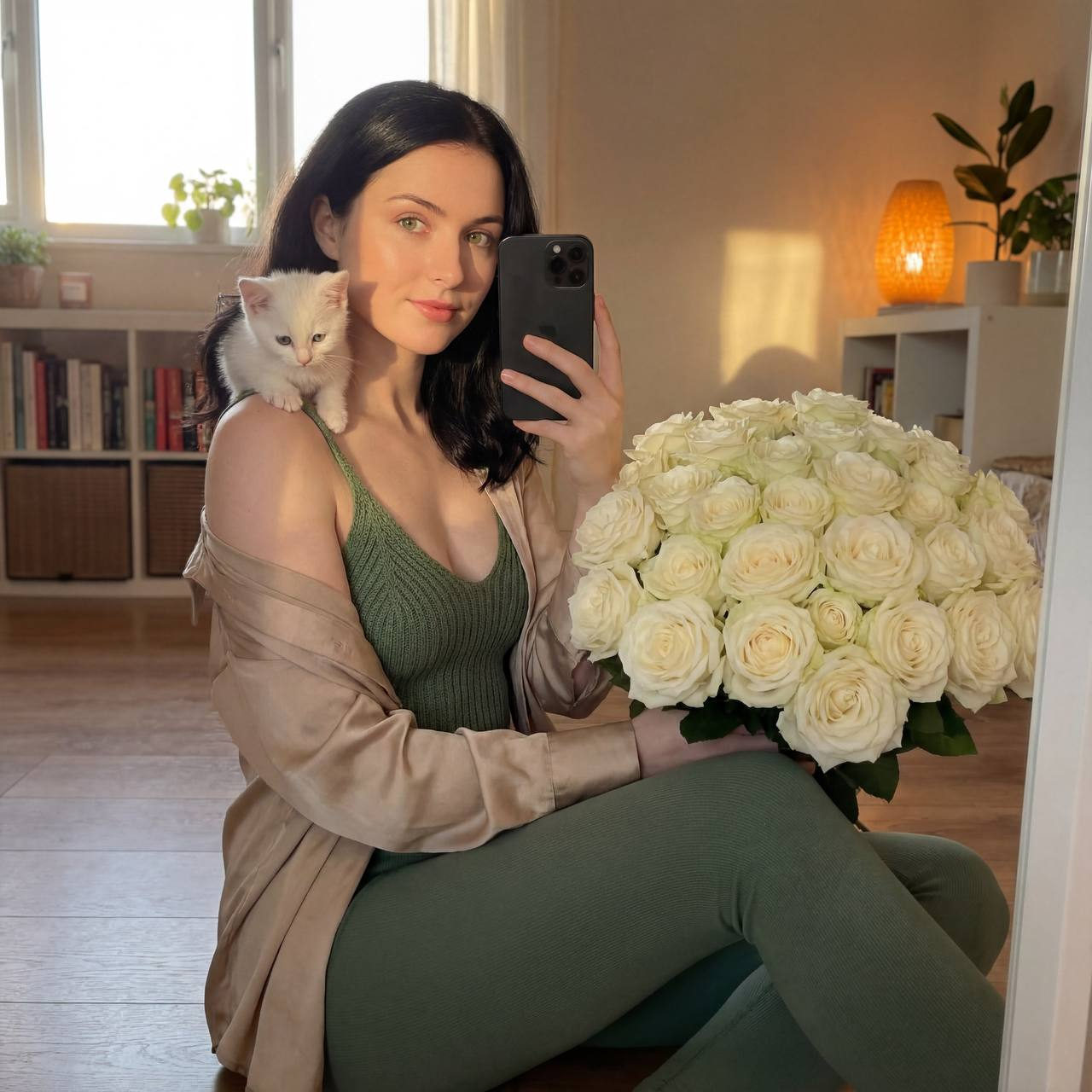 Mirror Selfie with Kitten and Roses