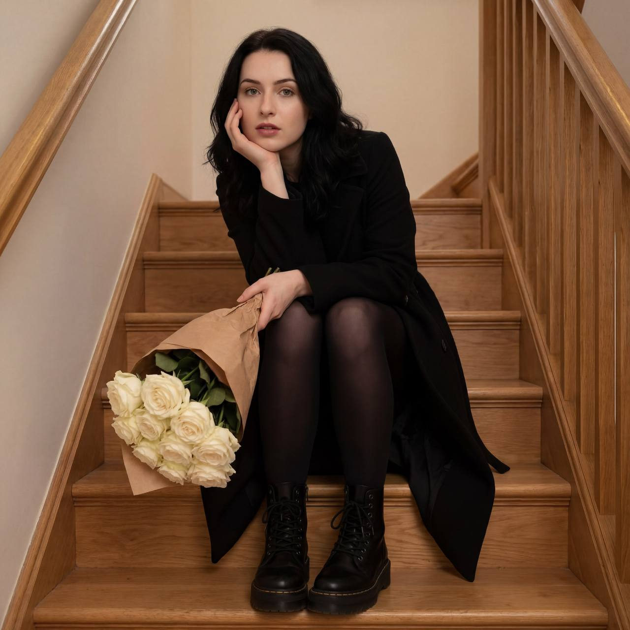 Melancholic Beauty with White Roses