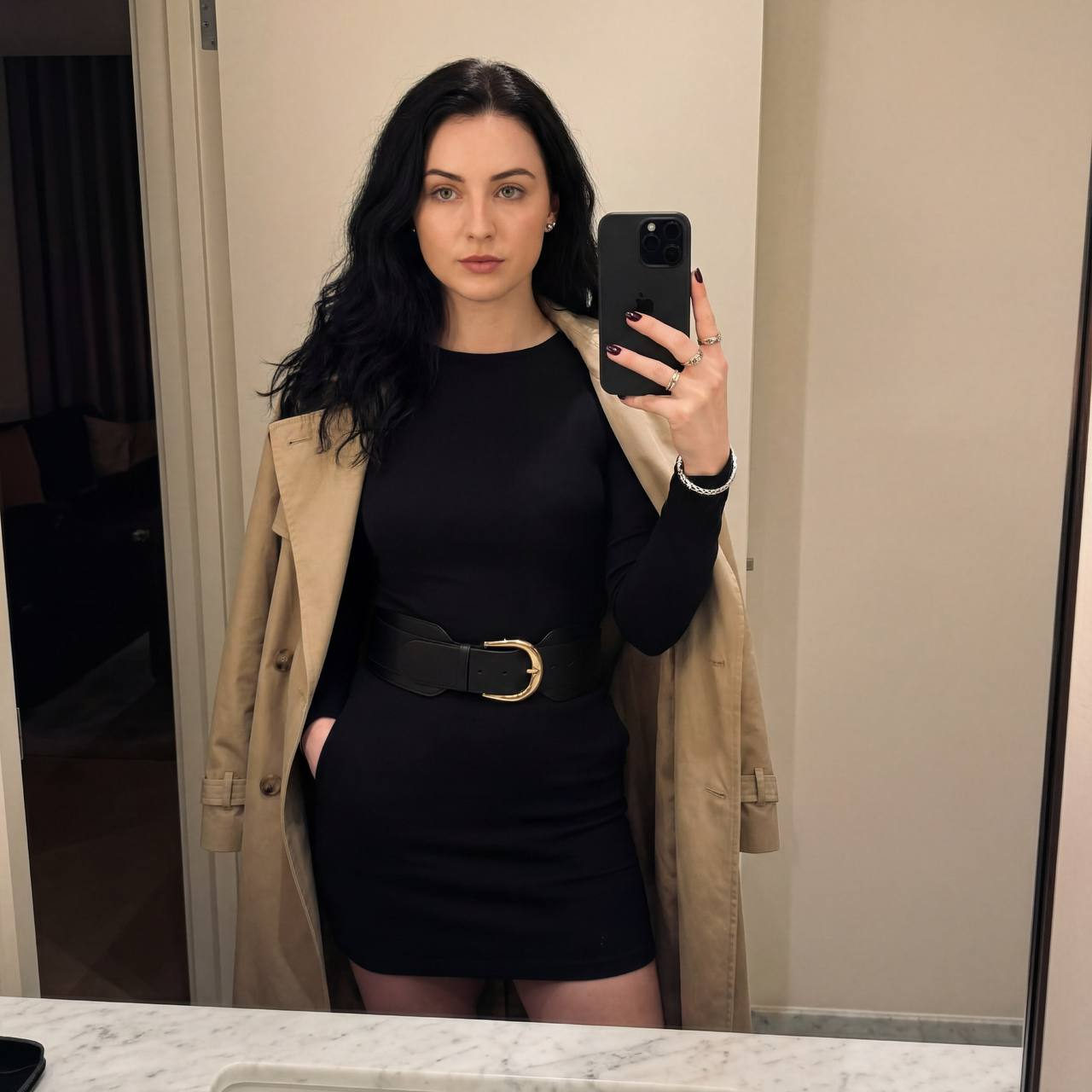 Stylish Trench Coat Mirror Selfie